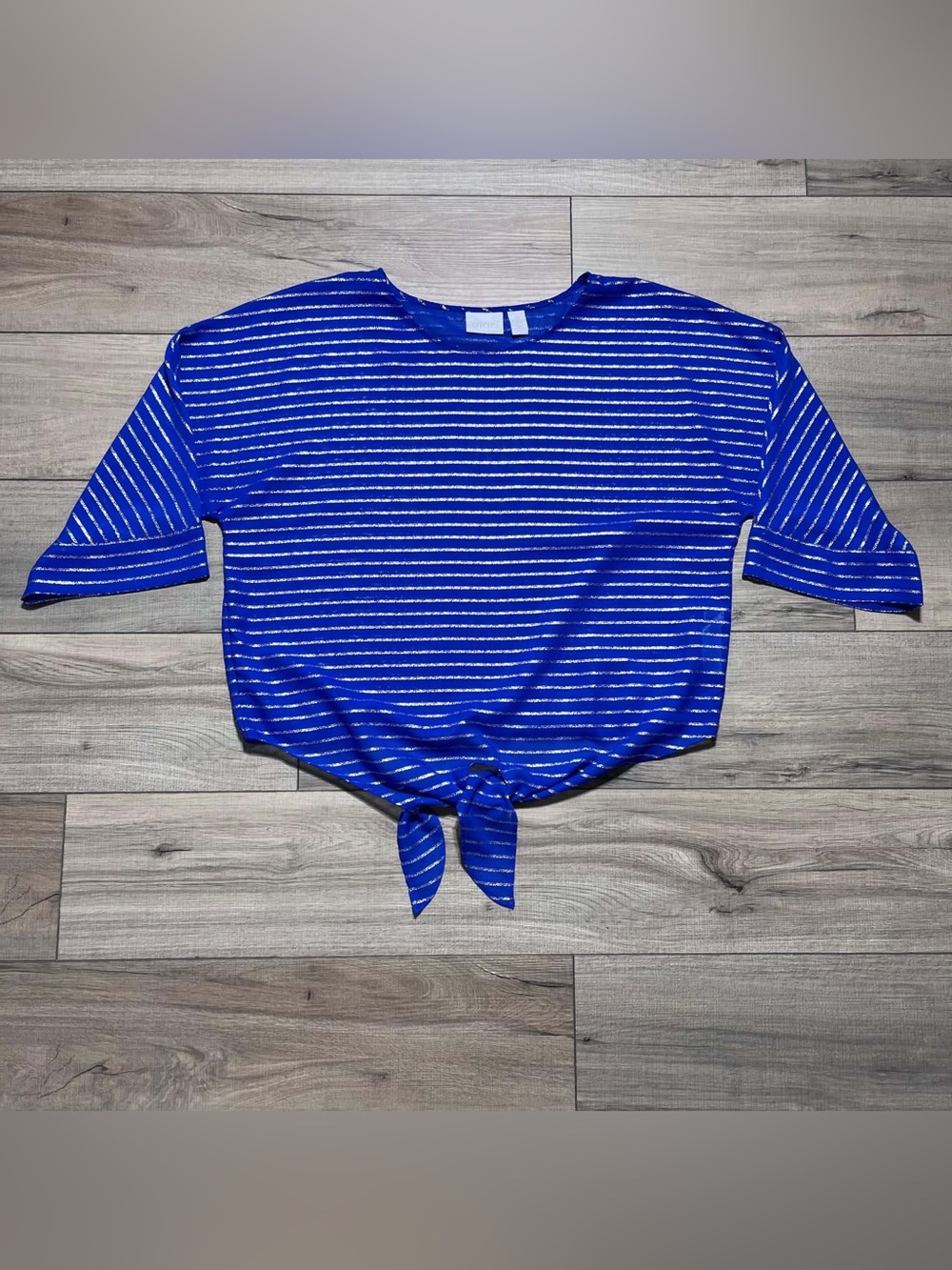 Chico's Womens Shimmer Striped Semi-Sheer‎ Tie-Front Blouse Size 2 Royal Blue